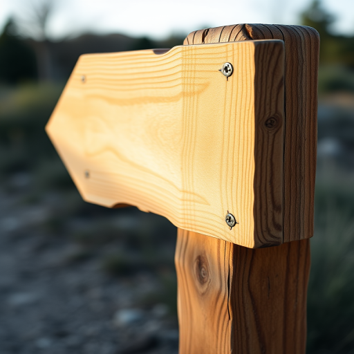 Generate an image of a wooden signpost with a blank surface, rough texture, and a few irregular edges, captured with a DSLR camera at f/4 aperture, 50mm lens, 1/125 sec shutter speed, in natural soft light, and a shallow depth of field.
