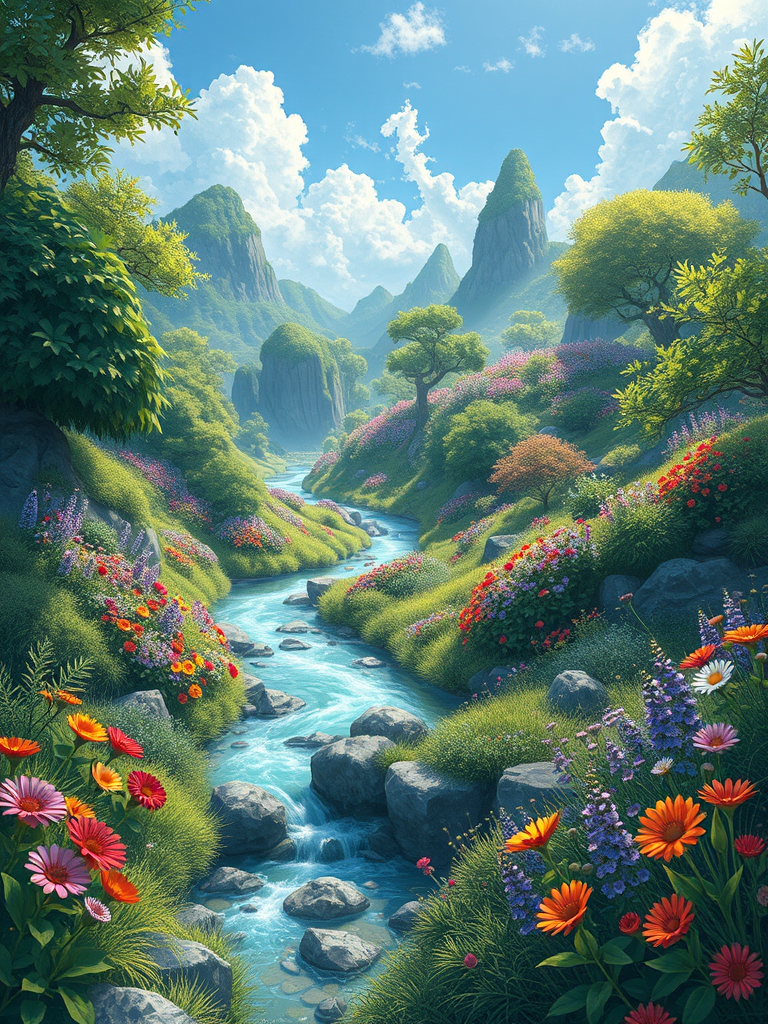 Create a highly detailed and vibrant illustration of a fantastical landscape featuring lush greenery, colorful flowers, and a serene river flowing through, captured with a Canon EOS R5, 24mm lens, f/2.8 aperture, ISO 100, 1/125s shutter speed, in a wide-angle view to emphasize depth and clarity.