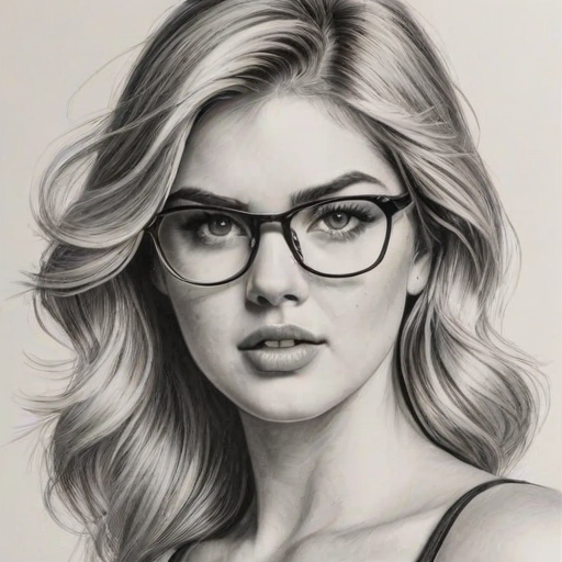 Fetching Kate Upton, pencil sketch, portrait of Stunning woman 1975s in glasses, hair style beatnik, outline, clear lines, fine lines, 8k