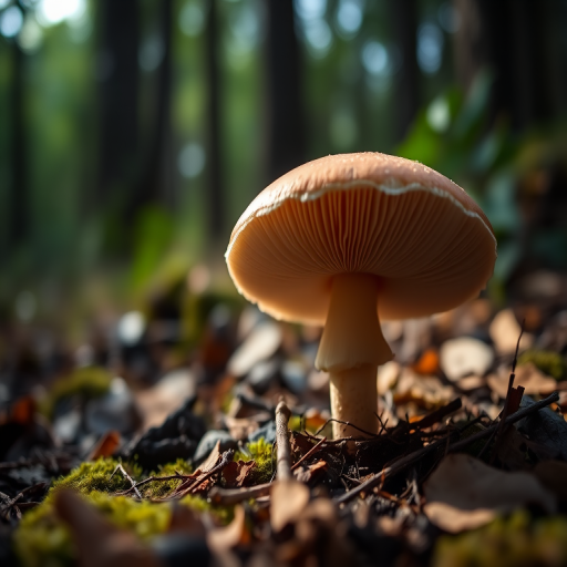 Close-up of a mushroom in a forest setting, shallow depth of field, f/2.8, 1/100 sec, ISO 200, 50mm lens, soft natural light, macro photography, DSLR camera.