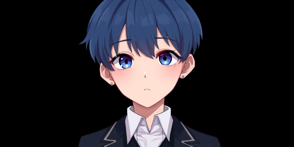 niji3d, aromasensei, 748cm, beitemian, wlopwangling, ttguweiz, fugtrup, solo, looking at viewer, short hair, bangs, blue eyes, simple background, shirt, long sleeves, 1boy, hair between eyes, jewelry, closed mouth, blue hair, jacket, white shirt, upper body, male focus, earrings, collared shirt, vest, formal, suit, black background, male child