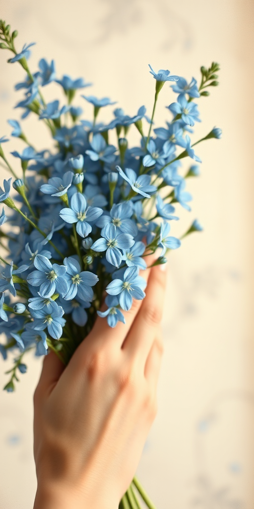 Create a vintage floral illustration featuring a bouquet of blue flowers and a delicate hand, captured with a Canon EOS 5D Mark IV using a 50mm f/1.8 lens, with a shallow depth of field, bright natural lighting, and a high-resolution setting for enhanced detail.
