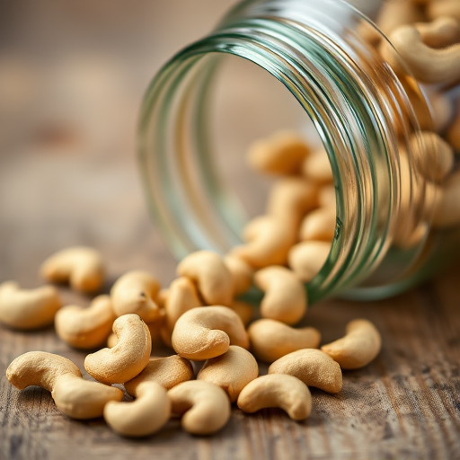 Close-up shot of a glass jar spilling cashew nuts onto a wooden surface, shallow depth of field, natural lighting, ISO 200, f/2.8 aperture, 50mm lens, DSLR camera.