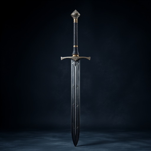 Create a detailed studio shot of a medieval sword standing vertically against a dark, textured background, using a DSLR camera at f/2.8 aperture, 50mm lens, ISO 100, with a softbox light for even illumination, ensuring high resolution and clarity to highlight the blade's engraving and handle details.