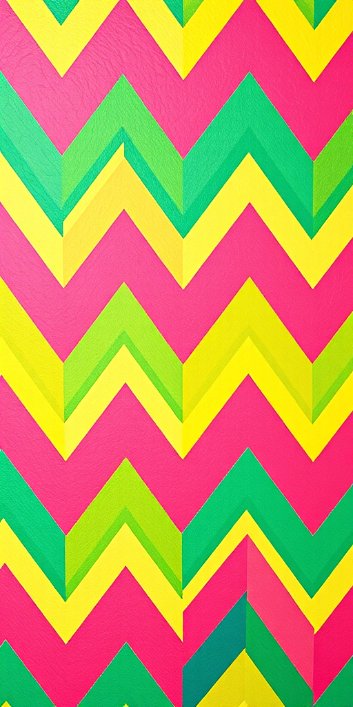 Generate a vibrant chevron pattern with bold, alternating colors of pink, green, yellow, and blue, using a DSLR camera with a 50mm lens at f/2.8, ISO 100, and a shallow depth of field to enhance detail and texture in the lines, capturing the image from a top-down view.