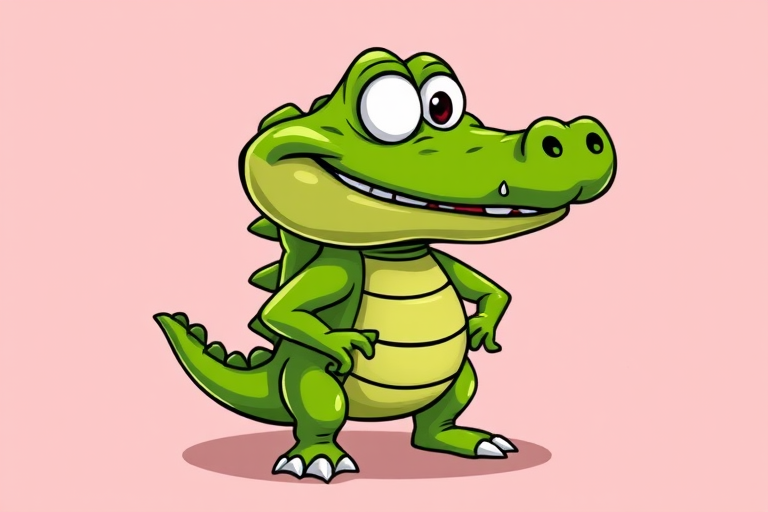 Create a cartoon alligator character with exaggerated features, bright green color, mischievous grin, and standing on all fours, captured with a DSLR camera using a 50mm lens, f/1.8 aperture, ISO 100, and shot from a slightly low angle for added depth.