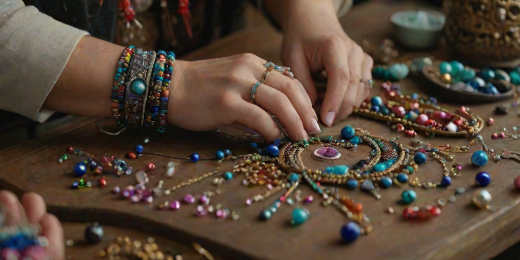 Close-up of a woman’s hands creating jewelry, with colorful beads and tools scattered around her, soft light enhancing the sparkle and details of her intricate designs.