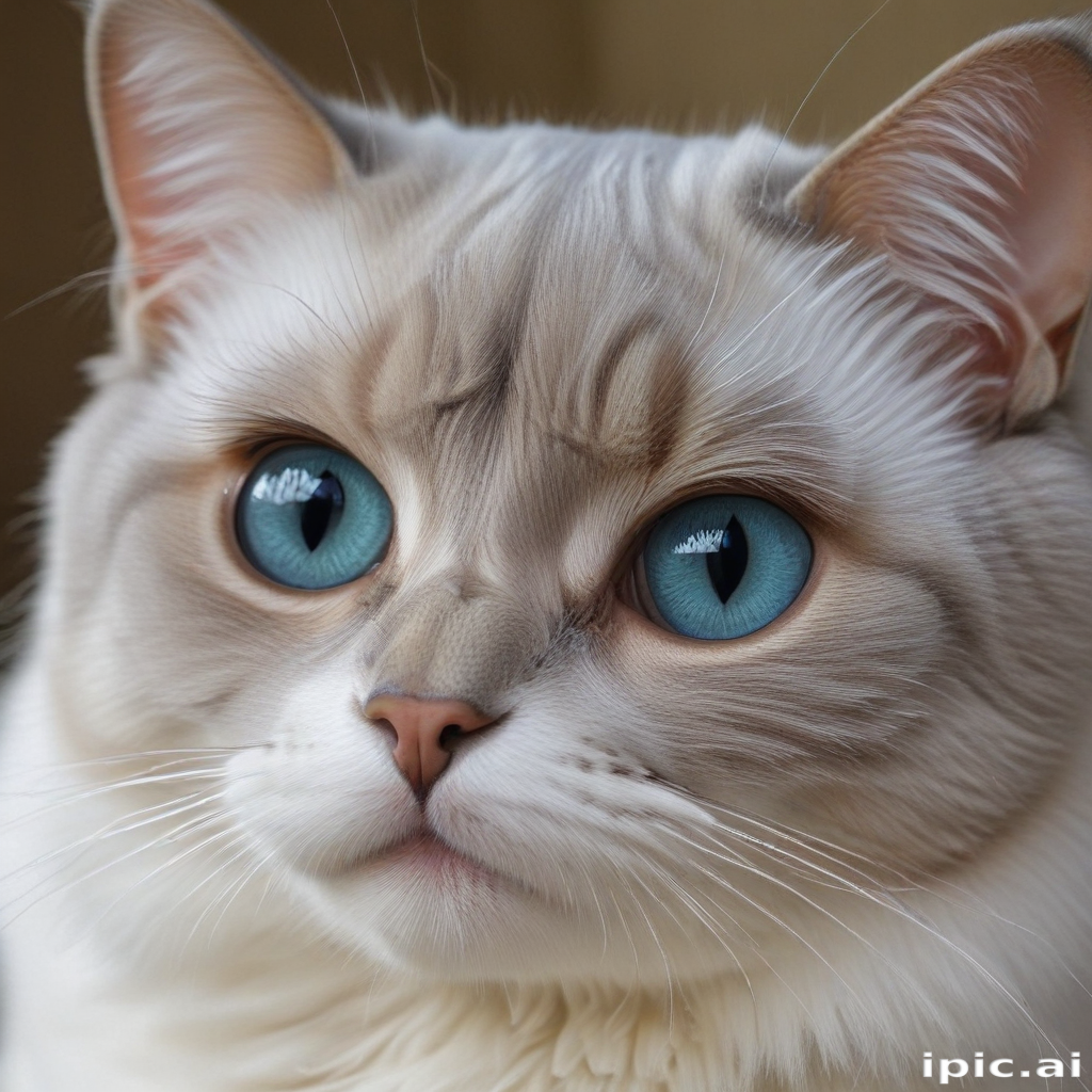 A Majestic Cat with Striking Blue Eyes and Fluffy Fur Close-Up.
