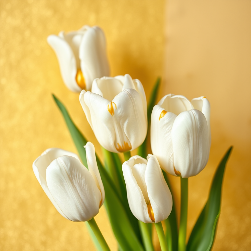 high-resolution image of white tulips with golden accents against a textured gold and beige background, captured with a Canon EOS R5, 50mm lens, f/1.8 aperture, ISO 100, natural light, soft focus effect, macro photography style