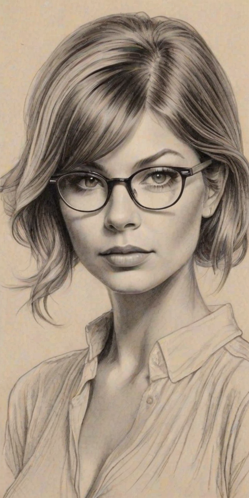 Gorgeous Fergie, pencil sketch, portrait of Wonderful woman 1924s in glasses, hair style beatnik, outline, clear lines, fine lines, 8k