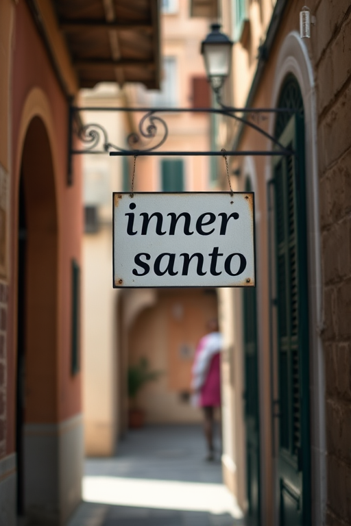 regenerate the image of an alleyway with a sign reading "inner santo," captured with a Canon EOS R5, 50mm lens, aperture f/1.8, shutter speed 1/200s, ISO 100, in natural light, showcasing a shallow depth of field for a soft background blur, highlighting the details in the foreground and creating a warm, inviting atmosphere.