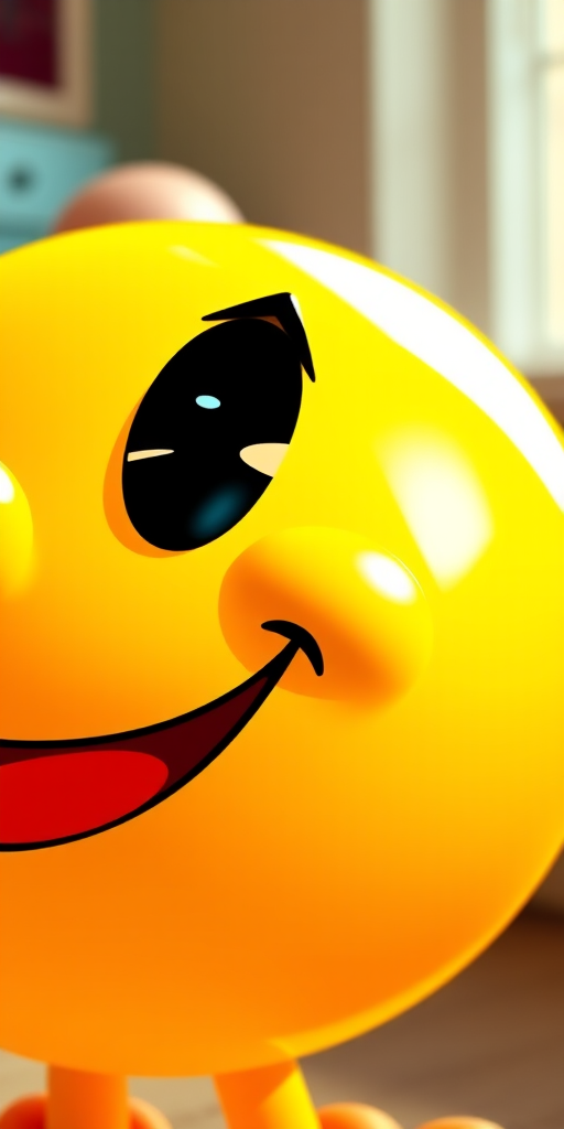 Create a vibrant illustration of a classic Pac-Man character in bright yellow, featuring a glossy eye and a playful expression, captured with a DSLR camera at f/2.8 for shallow depth of field, ISO 100 for crisp clarity, with a wide-angle lens to emphasize its iconic shape, using soft natural lighting to enhance the colors and reduce harsh shadows.