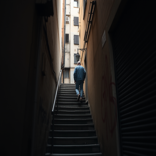 narrow alleyway with a person walking up stairs in an urban setting, natural lighting, f/5.6 aperture, ISO 200, 24mm lens, shot from a low angle, DSLR camera