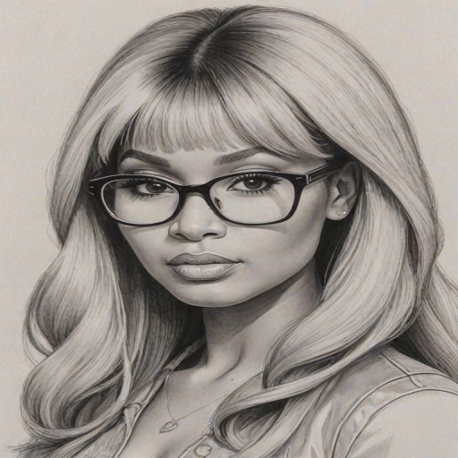 Wonderful Nicki Minaj, pencil sketch, portrait of Pleasing woman 1962s in glasses, hair style beatnik, outline, clear lines, fine lines, 8k