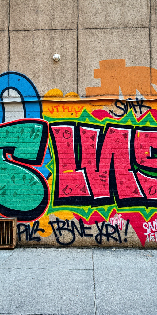 Capture a vibrant urban mural featuring graffiti art, using a Canon EOS R5 camera with a 24-70mm f/2.8 lens, aperture set to f/8, ISO 100, and shutter speed of 1/250 seconds, taken from a wide-angle view to showcase the details and colors against a textured wall backdrop.