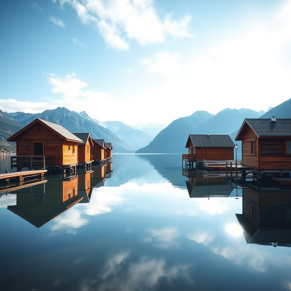 Create a serene lakeside scene with wooden boathouses reflecting on calm water, surrounded by majestic mountains in the background, captured using a DSLR camera at 24mm, f/8 aperture, ISO 100, with a shallow depth of field, and in natural daylight for enhanced vibrancy and detail.