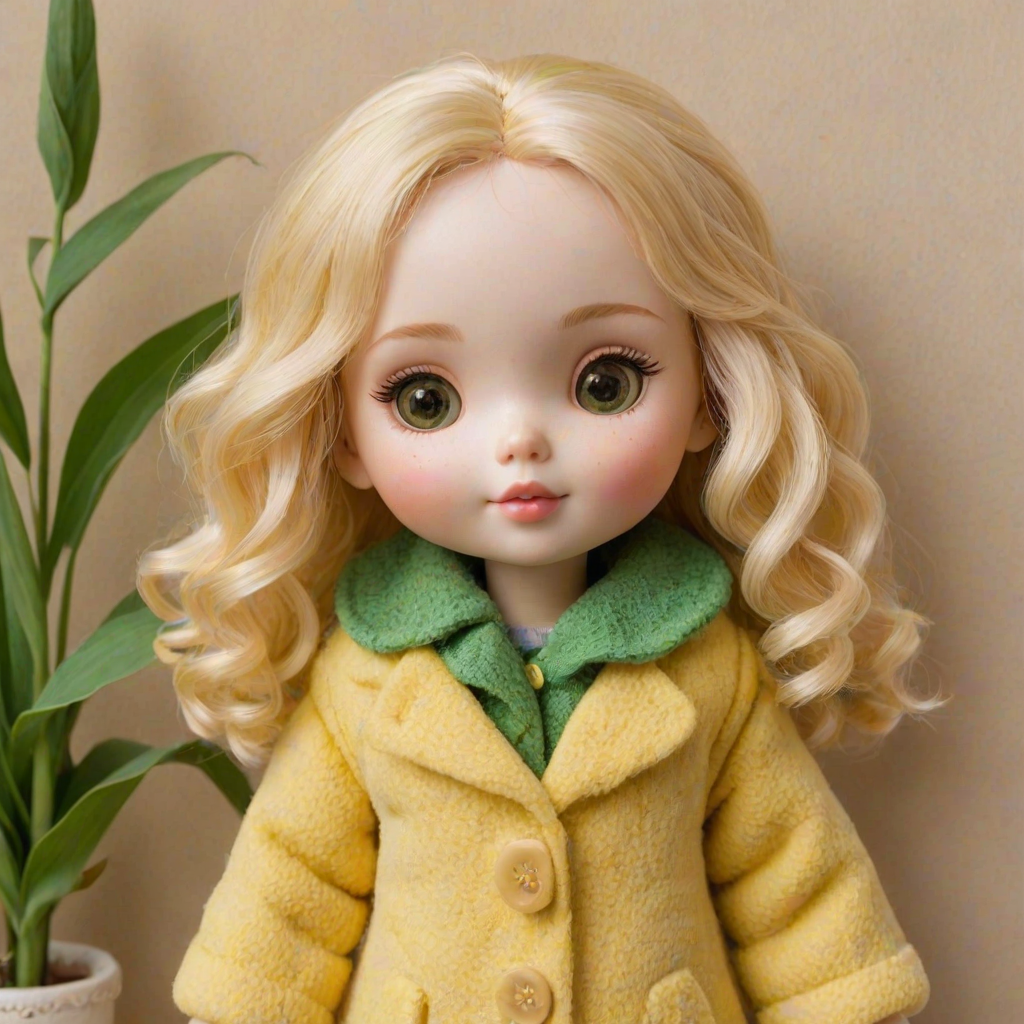 A cute doll resembling a *cereal*, dressed in a fluffy yellow coat that mimics the texture of corn kernels. The doll has soft, closed eyes and light blonde hair, adorned with green leaves and a yellow button at the collar. The background is a soft beige to complement the colors of the doll, and the overall style is whimsical and pastel, emphasizing a cozy, huggable appearance.