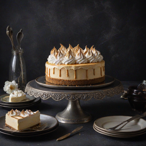 Generate an image of a beautifully decorated cheesecake with a smooth, creamy filling and a fluffy, toasted meringue topping. The cake is presented on a vintage cake stand, set against a dark, textured background, with some elegant plates and utensils nearby.