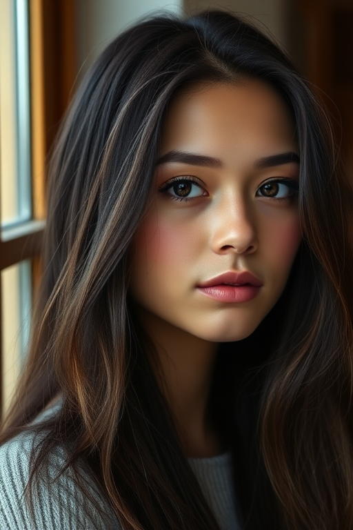 Create a portrait of a young woman with long, dark hair and a serene expression, soft natural lighting from a window, shallow depth of field, 50mm lens, f/1.8, ISO 200, capture a warm and intimate atmosphere.