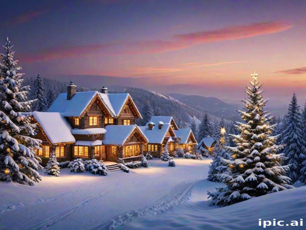 A Cozy Winter Evening Scene Featuring a Charming Snow-Covered Cabin.