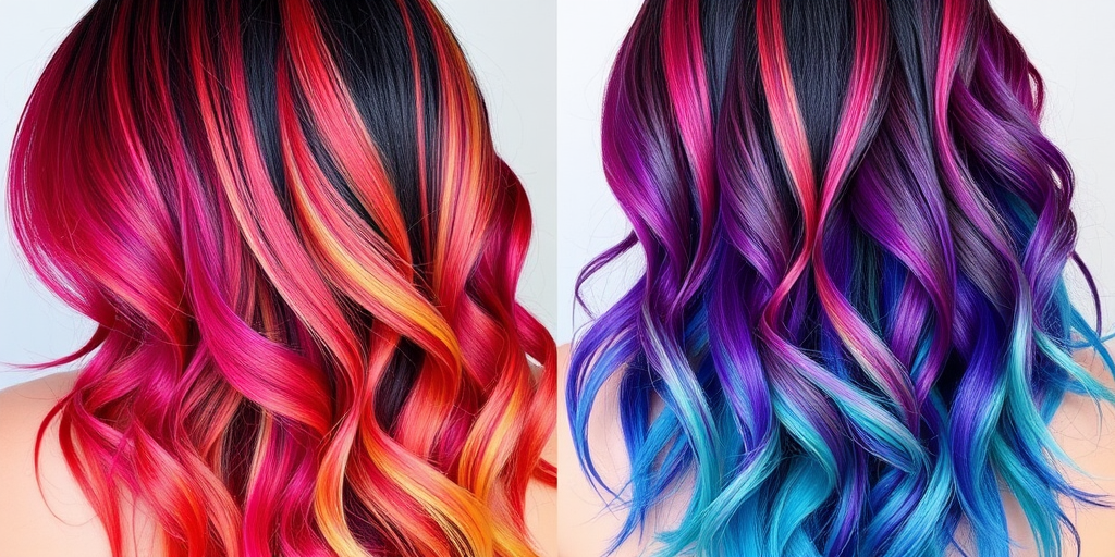 Ombre rainbow hair flowing from vibrant red roots through every color of the spectrum to indigo tips, styled in loose beach waves called Prism Cascade