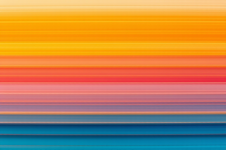 generate an abstract image featuring horizontal gradient stripes in warm tones of orange and cool tones of blue, shot with a Canon EOS R5 camera, 50mm lens, aperture f/8, ISO 100, soft focus effect, natural lighting, top-down view