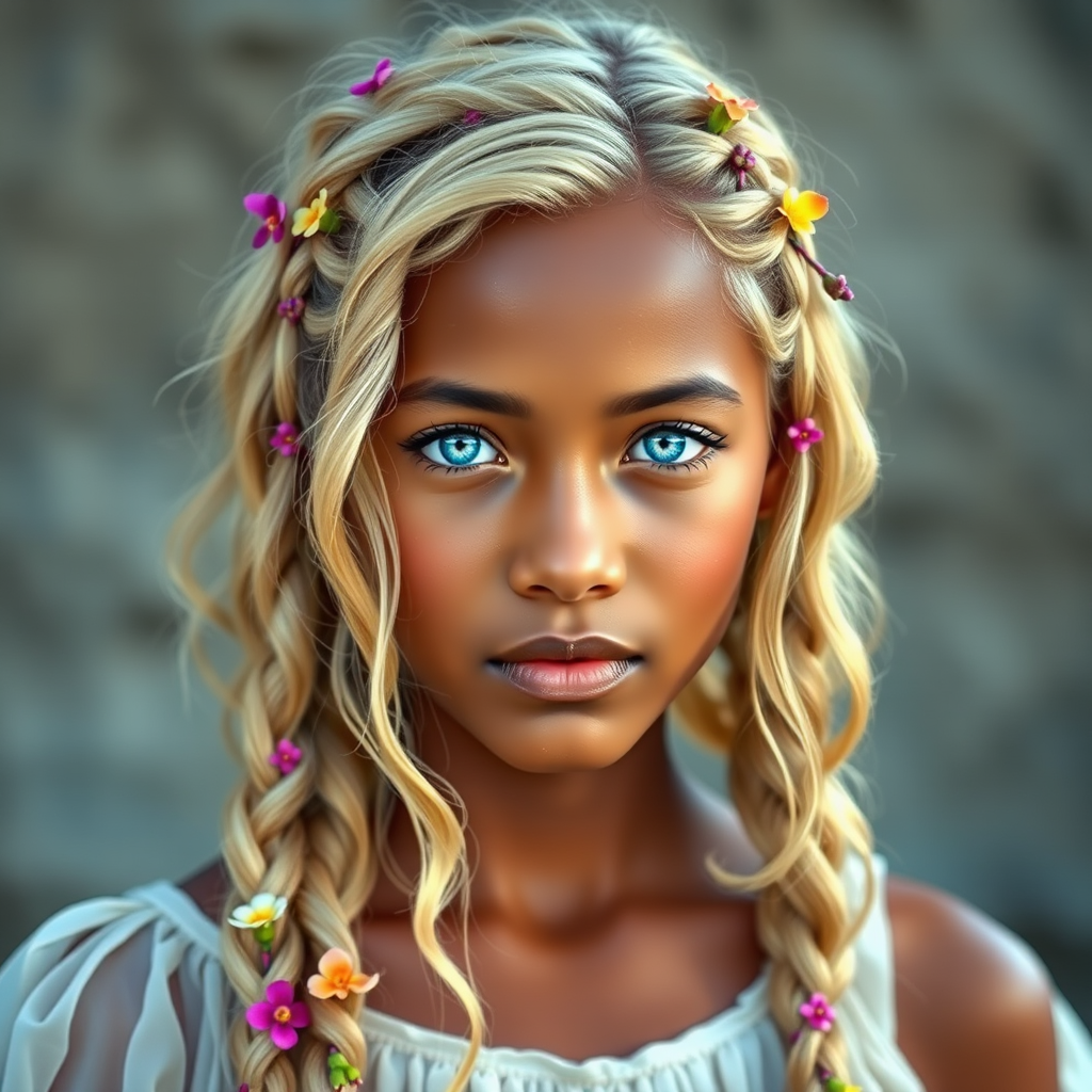 Create an image of a young Garifuna woman with long, wavy blonde hair, adorned with small, colorful flowers woven into her braids and loose strands. Her complexion is fair, with soft, glowing skin, and she has light blue eyes that gaze softly at the viewer. She wears a light, flowing dress with a gentle, ethereal quality, complementing her delicate and serene appearance. The background is slightly blurred, drawing focus to her tranquil expression and the intricate details of the flowers in her hair. The overall mood of the image is one of natural beauty and grace, evoking a sense of peacefulness and connection with nature.