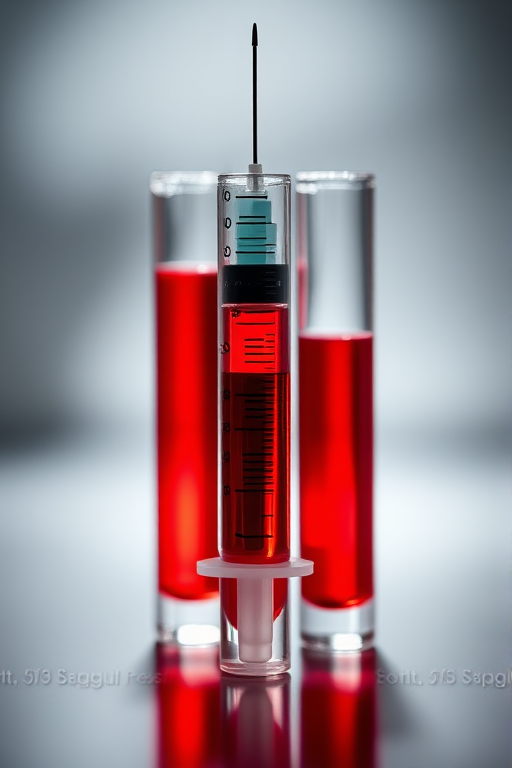 Create a high-resolution image of a syringe with a dramatic focus on the needle, paired with two test tubes filled with red liquid, using a DSLR camera with a 50mm lens, aperture set to f/2.8 for shallow depth of field, ISO 100 for optimal clarity, and a soft studio light to enhance the colors.