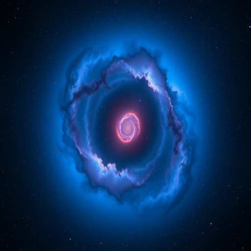Astrophotography of a swirling nebula in deep space, featuring vibrant blue and purple hues, captured with a Canon EOS 6D, 24mm lens, f/2.8 aperture, ISO 1600, 20-second exposure, untracked shot, panoramic view.