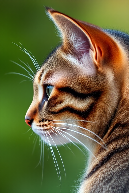A close-up shot of a tabby cat's profile with a blurred green background, using a DSLR camera with a 50mm lens, f/1.8 aperture, 1/200s shutter speed, and ISO 200 for enhanced detail and depth of field.