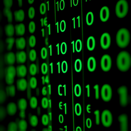 digital art of binary code in green glowing on a black background, close-up shot, f/2.8 aperture, 1/60 sec shutter speed, ISO 100, DSLR camera, macro lens, high contrast, vibrant colors