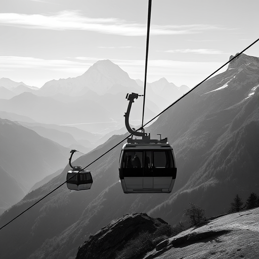 Regenerate a high-contrast black and white image of a cable car ascending a mountain with a dramatic backdrop, captured with a Canon EOS R5, 50mm lens, f/8 aperture, ISO 100, and shutter speed at 1/1000 sec, from a low angle perspective to emphasize the scale of the mountains.