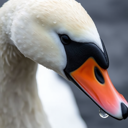 Close-up shot of a swan's head with water droplets on its feathers, using a DSLR camera with a 100mm lens, aperture f/2.8, ISO 200, and a shutter speed of 1/500s, in natural light to capture details and textures.