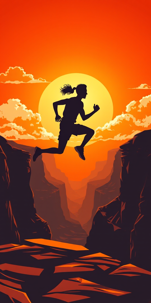 Create a dynamic digital illustration of a silhouette of a runner leaping across a canyon at sunset, with a vibrant orange sky and fluffy white clouds, using a wide-angle lens, f/8 aperture, ISO 200, capturing a dramatic perspective to enhance depth and contrast.