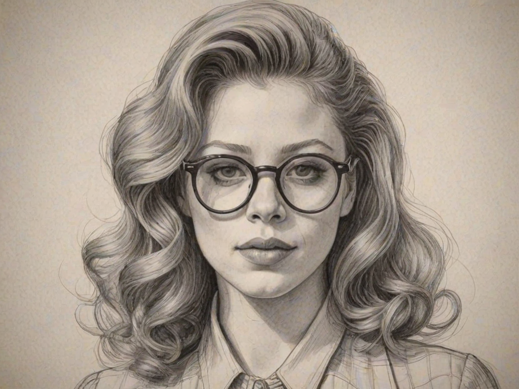 Ravishing Natasha Lyonne, pencil sketch, portrait of Elegant woman 1953s in glasses, hair style beatnik, outline, clear lines, fine lines, 8k