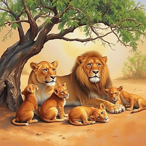 a beautiful realistic oil painting of a Lioness and Lion laying next to each other in a small shade tree while their cubs are playing around them.  1 cub is playing with The lions tail and 1 is biting the lionesses ear.  Setting is African desert.  The scene is warm and serene