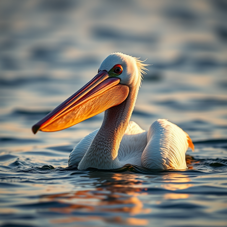 Capture a close-up image of a pelican swimming in calm waters, using a Canon EOS R5 with a 85mm f/1.2 lens, aperture set to f/2.8, ISO 200, shutter speed 1/500 sec, focus on the pelican's features, natural lighting during the golden hour, shallow depth of field for a soft background blur.