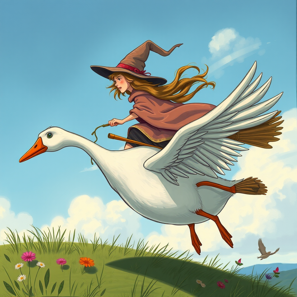Create a detailed illustration of a whimsical witch flying on a large goose, with dynamic movement in the witch's cloak and broomstick, use a DSLR camera with a 50mm lens, aperture f/2.8, shutter speed 1/250s, ISO 100, natural lighting for a vibrant effect, and a wide-angle view to capture the scene in a fantastical landscape.