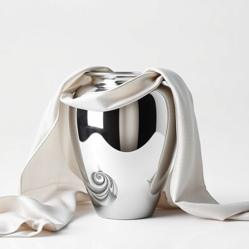 Generate an image of a shiny silver vase with flowing fabric-like texture draped around it, set against a minimalistic background.
