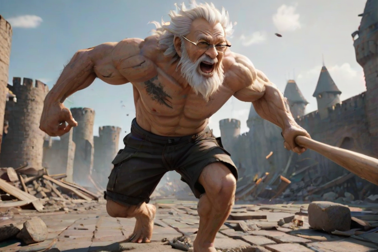 Cartoon 3D High-Resolution,dynamic battle scene using Unreal Engine 5 and Octane Render. The scene features back of an elderly, thai man with a beard,messy hair and round golden-rimmed glasses. He is wearing a tattered tank top with soot marks, shorts, and sandals. sweating. he wields a baseball bat. He jump to fight with a white fire-breathing Europe dragon amidst a partially destroyed stone castle. Include intense flames, smoke, and debris to enhance the dramatic effect.