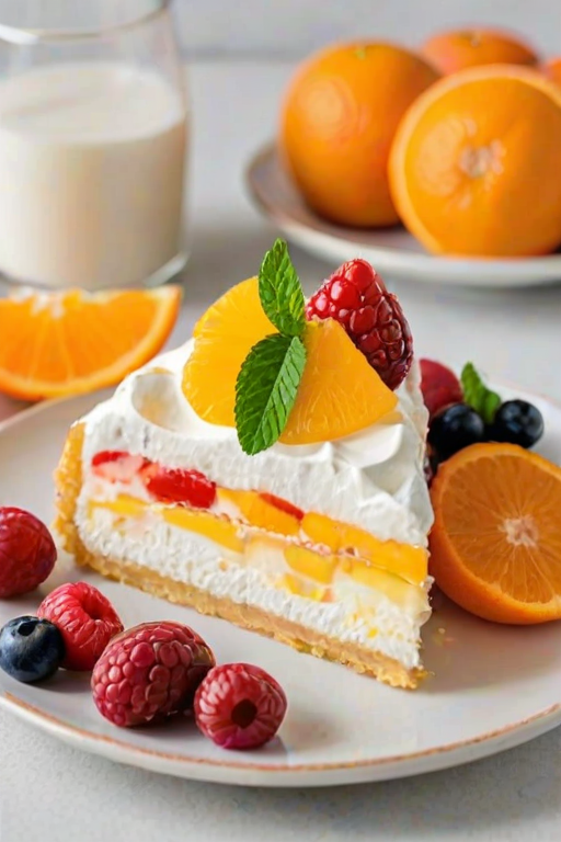 Generate an image of a colorful dessert slice with layers of orange and yellow swirled gelatin topped with whipped cream and fresh fruits like pineapple, mandarin orange segments, and berries. The dessert is served on a plate with a mint leaf garnish, and there are halved oranges in the background.