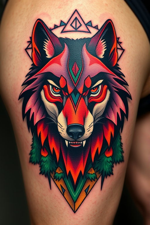 Bold neo-traditional wolf tattoo, "Primal Guardian," featuring a fierce wolf head with exaggerated features and vivid colors like deep reds, rich purples, and forest greens, surrounded by stylized nature elements and geometric shapes, perfect for a shoulder or thigh placement