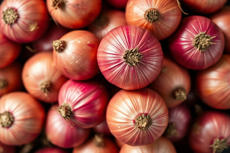 high-quality image of red onions piled together, top-down view, soft natural lighting, aperture f/2.8, ISO 100, 50mm lens, DSLR camera, shallow depth of field