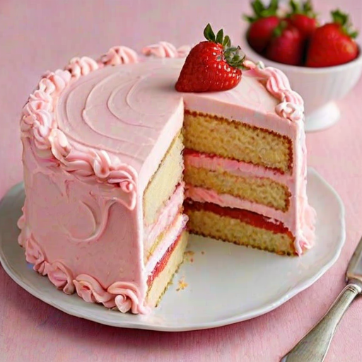 Create an image of a layered cake with a soft pink frosting. The cake should have a smooth texture and be decorated with fresh strawberries on top, along with small swirls of cream. A slice of the cake should be cut out, revealing its layers, including a light yellow sponge and a pink filling. The background should be simple and neutral to highlight the cake's colors.