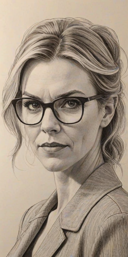 Gorgeous Rhea Seehorn, pencil sketch, portrait of Superb woman 1972s in glasses, hair style beatnik, outline, clear lines, fine lines, 8k