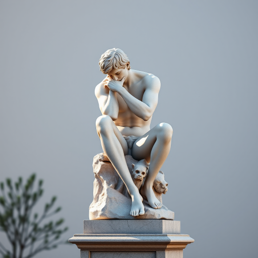 Generate a highly detailed 3D render of a contemplative nude male sculpture sitting on a stone pedestal, captured with a Canon EOS 5D Mark IV using a 50mm f/1.4 lens at ISO 100, aperture f/8, and a shutter speed of 1/125 sec, in soft natural lighting from the side to emphasize textures and shadows.