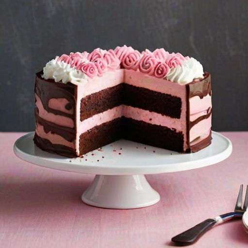 Create an image of a slice of layered cake. The cake should have three distinct layers: the bottom layer should be a rich chocolate cake, the middle layer a smooth pink mousse, and the top layer a fluffy white cream. Decorate the top with swirls of pink and white frosting, as well as a few dark chocolate accents. The slice should be presented on a white plate with a fork beside it, and the background should be simple and bright to emphasize the cake.