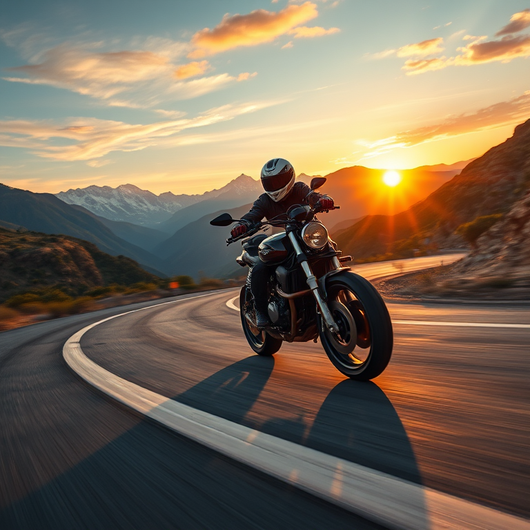 Create a hyper-realistic illustration of a biker riding a motorcycle on a winding road with mountains in the background during sunset, using a DSLR camera with a 50mm lens at f/2.8, ISO 200, and a shutter speed of 1/500s, capturing the motion blur of the wheels and the dynamic angle of the rider.