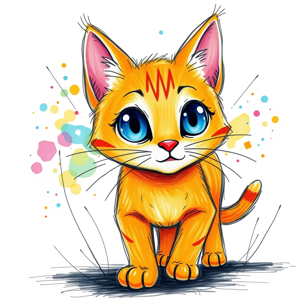 A vibrant childs coloured pencil drawn illustration of a bright orange cat with large, expressive blue eyes, a very cute style. The cat appears to be walking towards the viewer, surrounded by an abstract splash of colors and fine black lines, giving the image a dynamic and artistic flair. The background is a soft beige, highlighting the cat's vivid coloration and playful demeanor. Naively drawn scratchy line style.