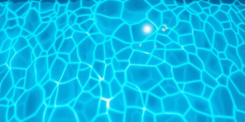 photograph the surface of a swimming pool water using a Canon EOS R5 with a 50mm f/1.8 lens, set to ISO 100, aperture f/8, shutter speed 1/200s, capturing the vibrant blue reflections and light patterns in bright sunlight from a top-down perspective.